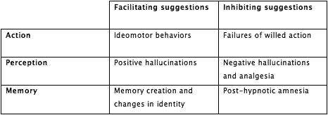 Primary types of hypnotic suggestions table.